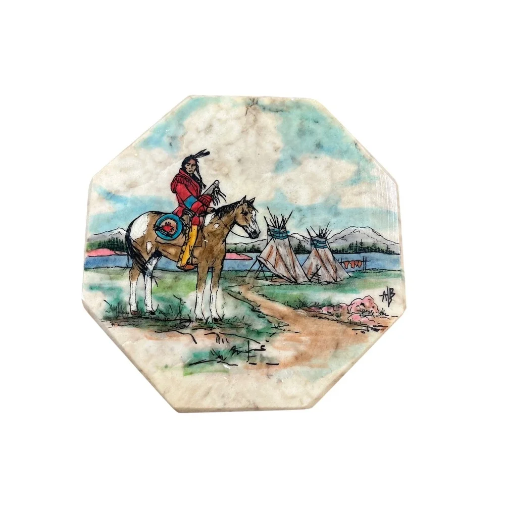 Cimarron Alabaster Native American Horseback Scene Octagon Coaster Signed AB